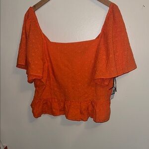 Cropped Orange Eyelet Ruffle Top with Tie Back